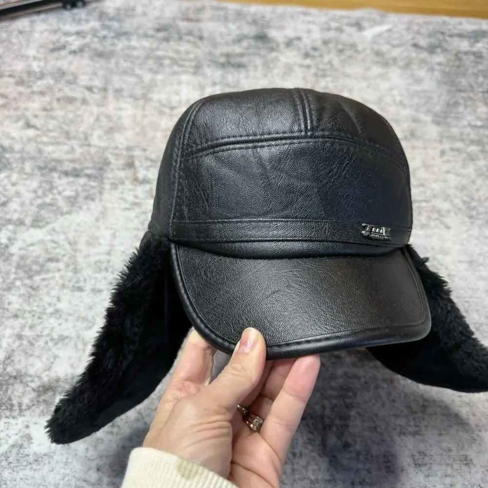 Faux Leather Faux Fur Trapper Aviator Hat Black Warm Winter Hat with Ear Flaps